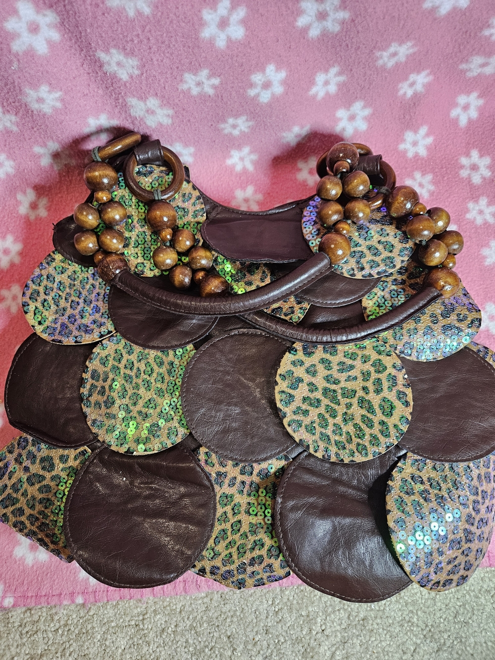 Women's Brown Leather and Green Sequin Disc Purse with Wooden Bead Handles